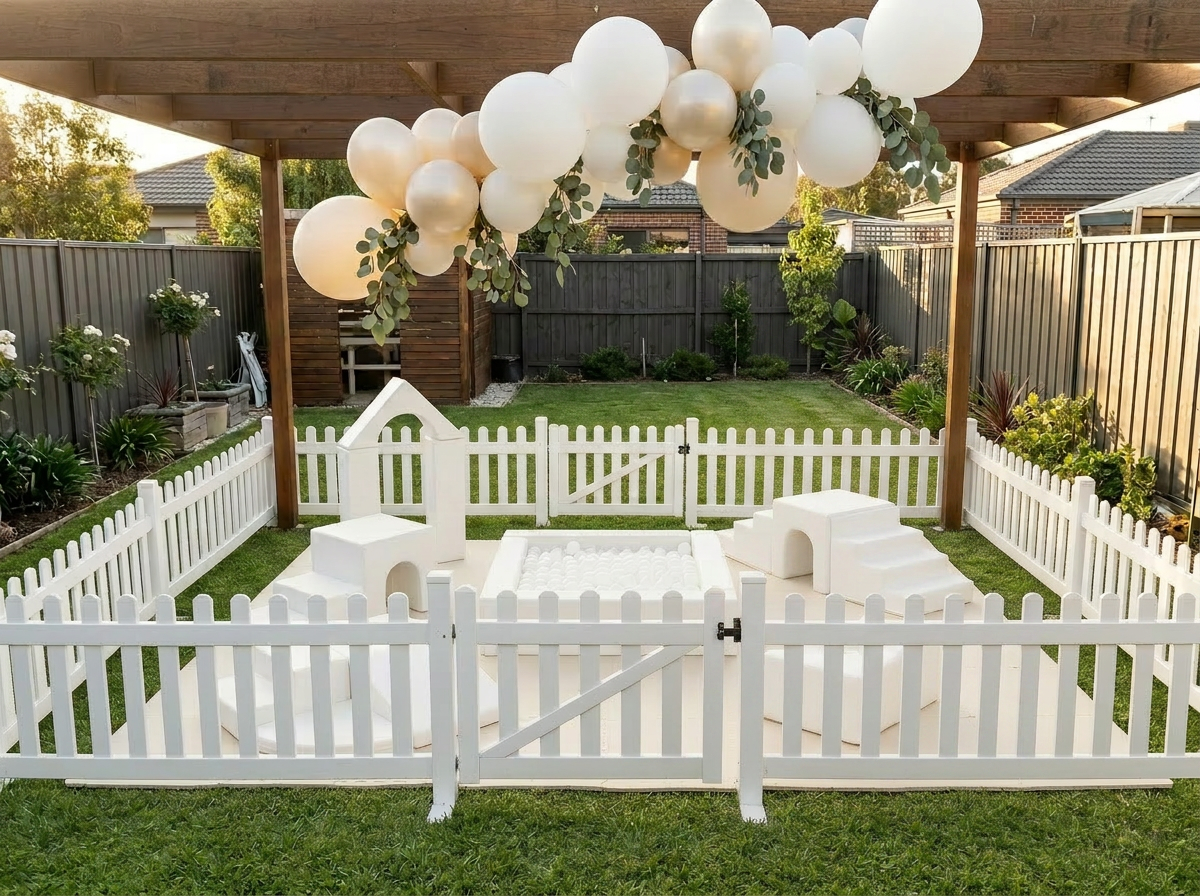 Bella Party Rental white soft play setup — Backyard Party