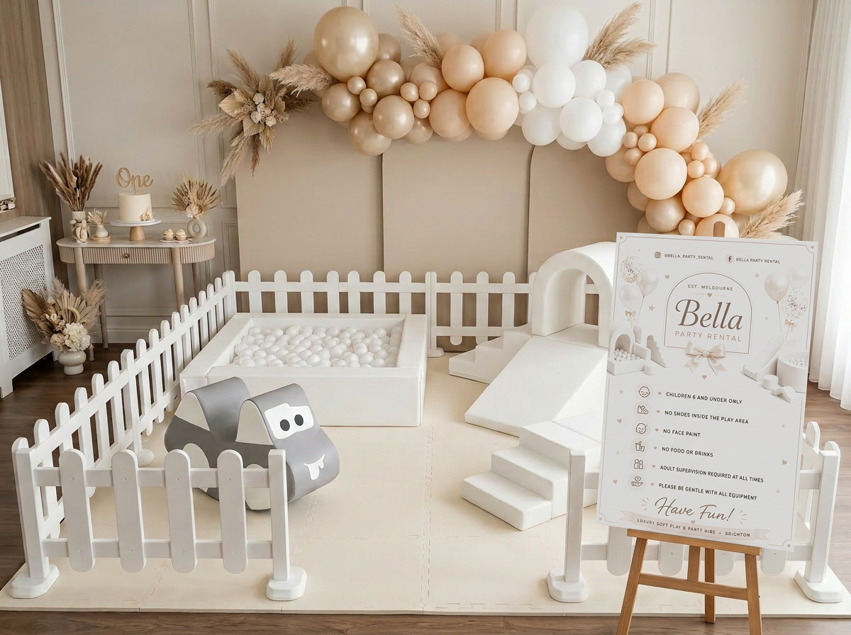 Bella Party Rental white soft play setup — First Birthday